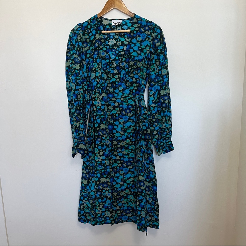 Ganni Blue Wrap Dress Azure Blue Floral V Neck Long Sleeve Silk Blend Sz 34 EU - Picture 2 of 6